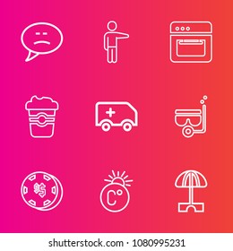 Premium set with outline vector icons. Such as food, medical, message, rescue, young, business, car, hand, snorkel, thermometer, parasol, game, dialog, pointing, emergency, cooking, chat, speech, oven