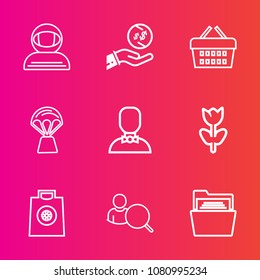 Premium set with outline vector icons. Such as account, money, market, blossom, sky, fashion, folder, finance, office, astronomy, profile, file, cosmonaut, universe, cash, spring, sale, astronaut, web