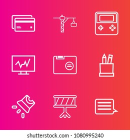 Premium set with outline vector icons. Such as office, drill, education, banking, hammer, folder, doctor, file, bank, plastic, buy, credit, video, collection, business, technology, movie, medical, web