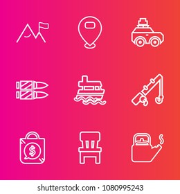 Premium set with outline vector icons. Such as sea, mountain, bag, chair, pin, car, fishing, kitchen, map, water, interior, luggage, ship, price, travel, rod, summer, rock, room, sport, comfortable