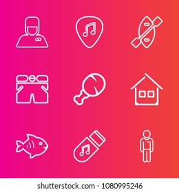 Premium set with outline vector icons. Such as fashion, man, sound, concert, meal, bellboy, wear, seafood, fast, rowing, sea, house, river, boat, service, bellhop, building, guitar, canoe, hospitality
