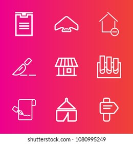 Premium set with outline vector icons. Such as box, surgery, camp, clinic, business, fly, research, pen, analysis, operation, list, parachute, document, property, air, tent, jump, doctor, parachuting