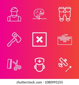 Premium set with outline vector icons. Such as sea, hammer, aircraft, surgeon, axe, person, builder, tool, discovery, helmet, animal, man, plane, equipment, fashion, travel, optical, computer, work