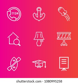 Premium set with outline vector icons. Such as real, education, sea, people, college, call, online, home, office, technology, center, help, university, anchor, phone, drum, nautical, canoe, graduation