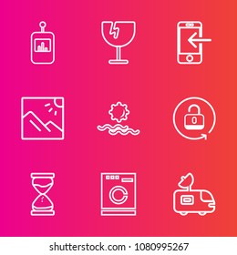 Premium set with outline vector icons. Such as phone, glass, keypad, equipment, sand, photo, pattern, destruction, hourglass, transfer, van, crack, laundry, antenna, nature, appliance, lock, unlock