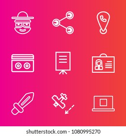 Premium set with outline vector icons. Such as smile, person, location, knight, funny, flight, travel, businessman, woman, internet, stereo, technology, female, plane, share, element, happy, social