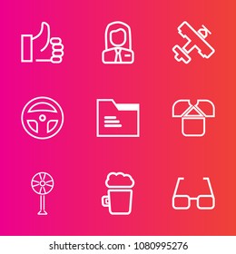 Premium set with outline vector icons. Such as thumb, ventilator, ok, plane, people, electric, job, shirt, flight, technology, white, blank, success, eyeglasses, tshirt, aircraft, fashion, up, folder