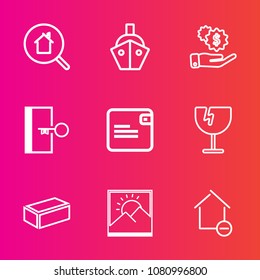 Premium set with outline vector icons. Such as boat, money, internet, wallet, cargo, building, water, online, destruction, photo, escape, business, door, removal, frame, sign, construction, home, real