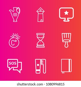 Premium set with outline vector icons. Such as sos, paint, brush, ceramic, computer, scale, paper, emergency, landmark, architecture, care, danger, france, decorative, famous, star, vase, hour, tower
