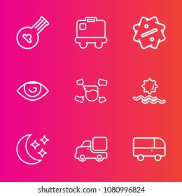 Premium set with outline vector icons. Such as nature, road, lorry, melody, art, sale, transport, play, bag, bus, suitcase, discount, truck, label, wooden, baggage, musical, airport, speed, sign, sun