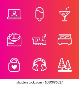 Premium set with outline vector icons. Such as headset, technology, object, cocktail, nature, ice, bag, glass, interior, young, tree, video, sweet, woman, communication, summer, dessert, envelope, bed
