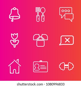 Premium Set With Outline Vector Icons. Such As Home, Sound, Restaurant, Message, Nature, Gym, Floral, Id, Architecture, Alert, Workout, Knife, Bell, Speech, Alarm, House, Name, Closed, Flower, Meal