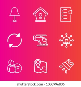 Premium set with outline vector icons. Such as house, communication, screen, lamp, sport, electricity, movie, ball, birdhouse, video, projection, transport, pin, white, illumination, bowling, light