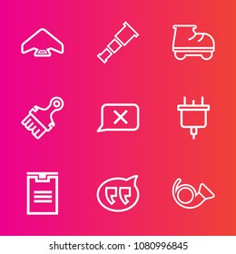 Premium set with outline vector icons. Such as electricity, , astronomy, chat, lifestyle, extreme, sport, closed, galaxy, parachute, technology, parachuting, speech, package, box, power, shipping, fun