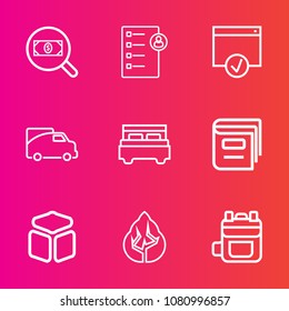 Premium set with outline vector icons. Such as environment, checklist, transport, double, library, right, employee, tree, vehicle, job, interview, resources, internet, traffic, recruitment, van, work