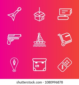 Premium set with outline vector icons. Such as location, weapon, tv, record, phone, sound, handgun, guitar, white, row, sign, map, gun, travel, concert, internet, ocean, yacht, luggage, people, pin