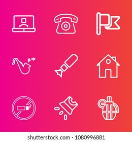 Premium set with outline vector icons. Such as sign, house, people, bugle, war, technology, communication, musical, estate, young, cell, bomb, military, jazz, internet, tobacco, computer, movie, flag