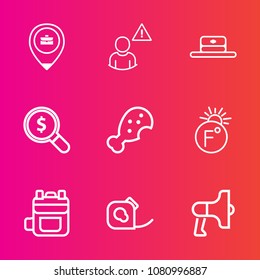 Premium set with outline vector icons. Such as megaphone, fahrenheit, loud, friction, head, business, announcement, work, insulating, web, leather, job, backpack, fashion, temperature, internet, hat