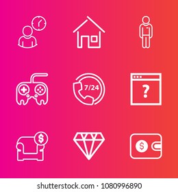 Premium set with outline vector icons. Such as man, interior, arrow, operator, time, purse, cash, business, button, technology, call, sofa, real, finance, jewelry, house, male, wallet, hour, boy, home