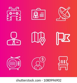 Premium set with outline vector icons. Such as video, money, nation, race, accounting, business, dirt, room, quad, human, chair, tv, america, fun, woman, road, location, pin, financial, person, girl
