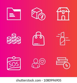 Premium set with outline vector icons. Such as paper, box, sale, home, business, warehouse, estate, delivery, folder, industrial, sign, sos, beauty, empty, profile, makeup, property, distribution, red