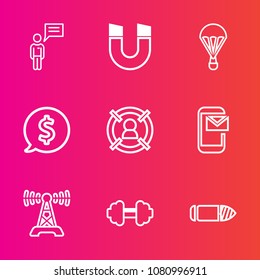 Premium set with outline vector icons. Such as gun, pole, technology, person, science, radio, marketing, business, field, email, exercise, sky, north, social, magnetic, parachute, workout, magnet, gym