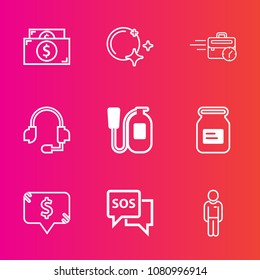 Premium set with outline vector icons. Such as finance, square, equipment, fire, center, metal, help, safety, coin, late, emergency, money, work, male, tin, sos, container, price, moon, office, can