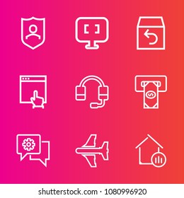 Premium set with outline vector icons. Such as estate, plane, house, aircraft, box, return, protection, secure, mobile, shield, support, shipping, microphone, pc, guard, call, bank, machine, real, atm