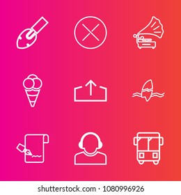 Premium set with outline vector icons. Such as food, road, dessert, team, download, transport, surfing, construction, ball, surf, service, equipment, sound, list, paper, pen, delete, transportation
