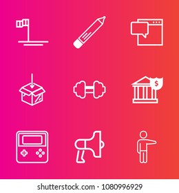 Premium set with outline vector icons. Such as sea, baja, workout, white, gym, speaker, mexico, paper, upload, pencil, fitness, package, people, loudspeaker, chat, technology, beach, loud, finance