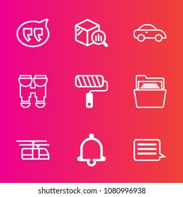 Premium set with outline vector icons. Such as bell, roll, finance, brush, economy, blue, market, equipment, folder, alarm, paper, notification, tool, vision, optical, blank, travel, transport, chat