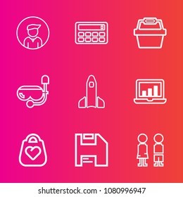 Premium set with outline vector icons. Such as calculator, food, shuttle, people, chart, sport, computer, sea, object, sign, casual, mathematics, standing, basket, store, mask, accounting, equipment