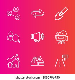 Premium set with outline vector icons. Such as concept, street, phone, digital, movie, road, sign, loud, real, replacement, equipment, voice, house, change, people, mobile, computer, increase, speaker