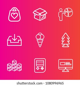 Premium set with outline vector icons. Such as travel, modern, businessman, white, food, background, button, tree, website, unpacking, presentation, cardboard, people, arrow, shipping, object, nature