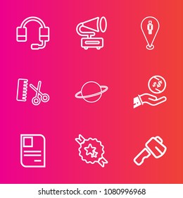 Premium set with outline vector icons. Such as hairdresser, sound, hammer, retro, astronomy, identity, decorative, player, orbit, play, space, vintage, technology, money, business, id, planet, hair