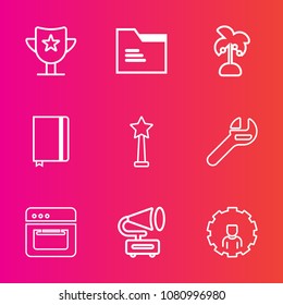 Premium set with outline vector icons. Such as office, trophy, notebook, palm, vintage, winner, book, success, prize, wrench, music, achievement, win, equipment, sport, reward, page, spanner, food