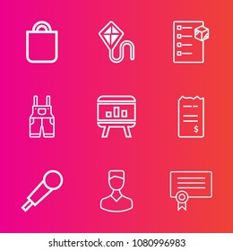 Premium set with outline vector icons. Such as paper, profile, clothing, bill, avatar, human, finance, business, kite, celebration, financial, delivery, template, female, box, people, joy, audio, work