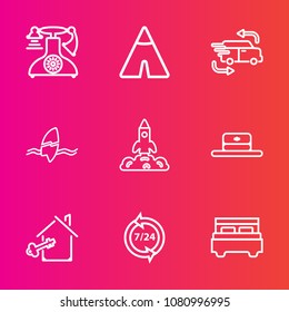 Premium set with outline vector icons. Such as fast, black, phone, support, rocket, delivery, cap, retro, estate, business, property, classic, help, camp, surfer, bedroom, antique, transportation, car