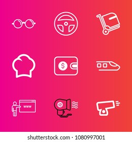 Premium set with outline vector icons. Such as vision, bag, cook, view, lens, internet, train, chef, eyesight, finance, gun, white, optical, weapon, cash, transportation, laboratory, eyeglasses, food
