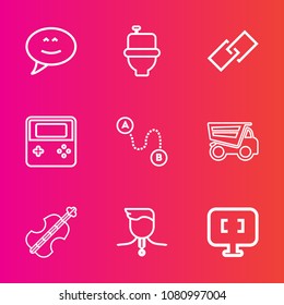 Premium set with outline vector icons. Such as internet, public, tipper, success, destination, cello, sanitary, toilet, chat, link, laptop, medal, bubble, hyperlink, message, music, speech, restroom