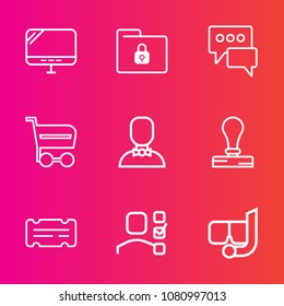 Premium set with outline vector icons. Such as trolley, monitor, paper, personal, task, plan, file, dialog, male, stamp, bubble, message, security, laptop, communication, protection, buy, summer, data