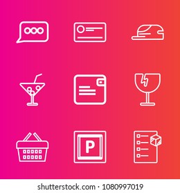 Premium set with outline vector icons. Such as dialog, crash, destruction, box, window, chat, cargo, vehicle, business, glass, banking, delivery, wallet, car, finance, communication, basket, sale, hat