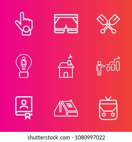 Premium set with outline vector icons. Such as boat, shorts, office, personal, gesture, construction, sign, canoe, book, hand, fashion, bag, success, window, building, creative, leather, water, sport