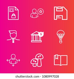 Premium set with outline vector icons. Such as book, medal, subscribe, market, diskette, paper, profile, website, social, online, nature, shopping, sky, finance, competition, business, application