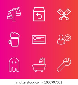 Premium set with outline vector icons. Such as bar, package, payment, boat, interior, oar, horror, paddle, bathroom, pub, concept, return, money, profile, canoe, ghost, repair, drink, delivery, fear