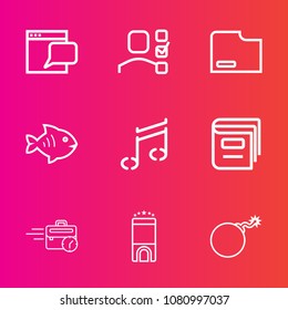 Premium set with outline vector icons. Such as late, fish, personal, education, file, management, document, list, bomb, music, concept, task, food, room, book, note, hotel, sound, war, communication