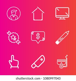 Premium set with outline vector icons. Such as food, cut, computer, building, construction, water, snorkel, ribbon, knife, young, mask, real, pencil, screen, estate, summer, architecture, boy, frame