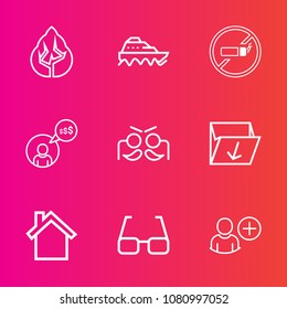 Premium set with outline vector icons. Such as green, transport, boat, pine, computer, business, eye, sea, carnival, rubbish, trunk, cigarette, mobile, ocean, home, holiday, no, telephone, technology