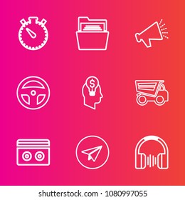Premium set with outline vector icons. Such as volume, loud, lab, blank, sound, open, file, technology, equipment, dental, dump, time, folder, medicine, music, email, message, internet, tipper, truck