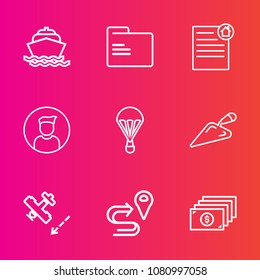 Premium set with outline vector icons. Such as yacht, equipment, blank, money, jump, road, empty, construction, sky, blue, contract, shovel, travel, airplane, file, house, finance, estate, parachuting